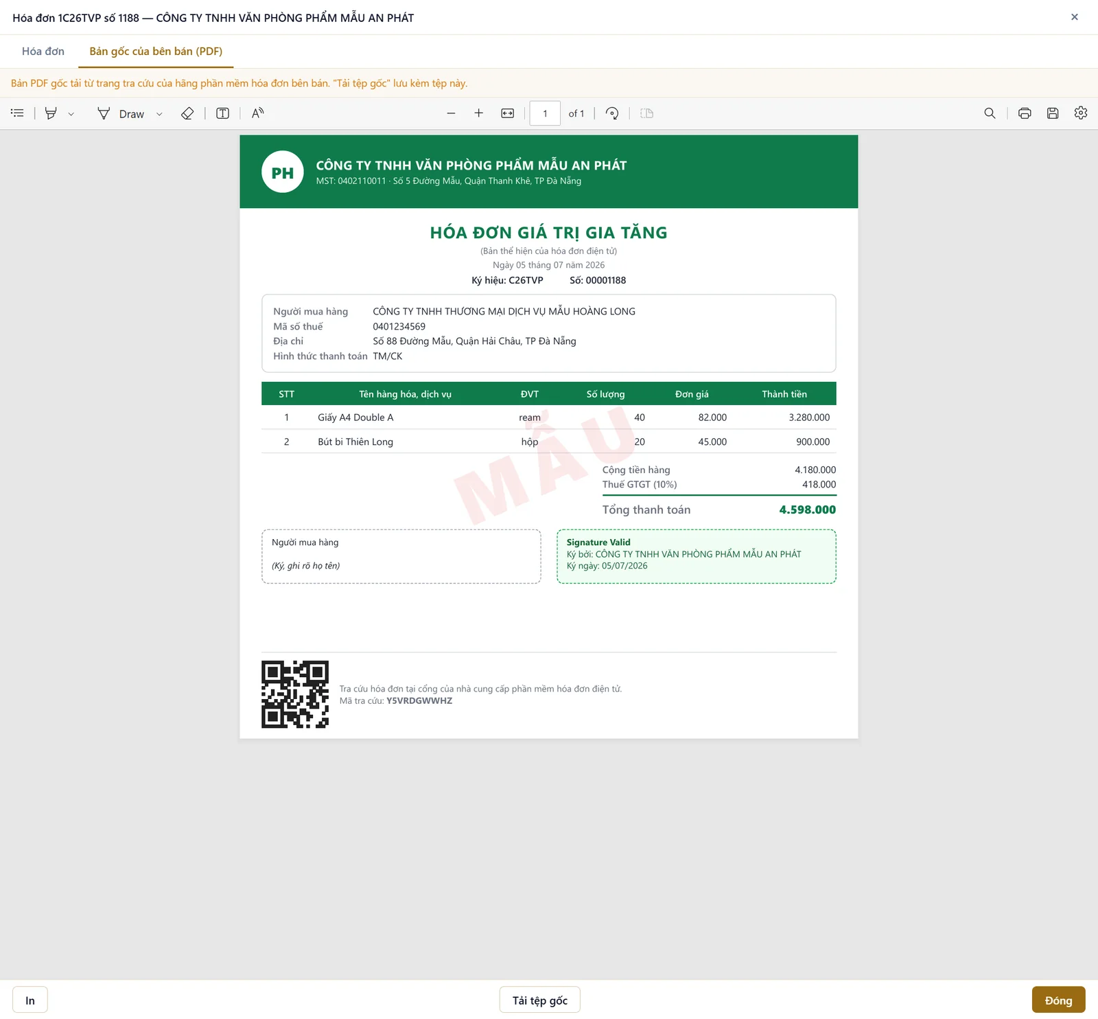 Xem hóa đơn gốc ngay trong phần mềm