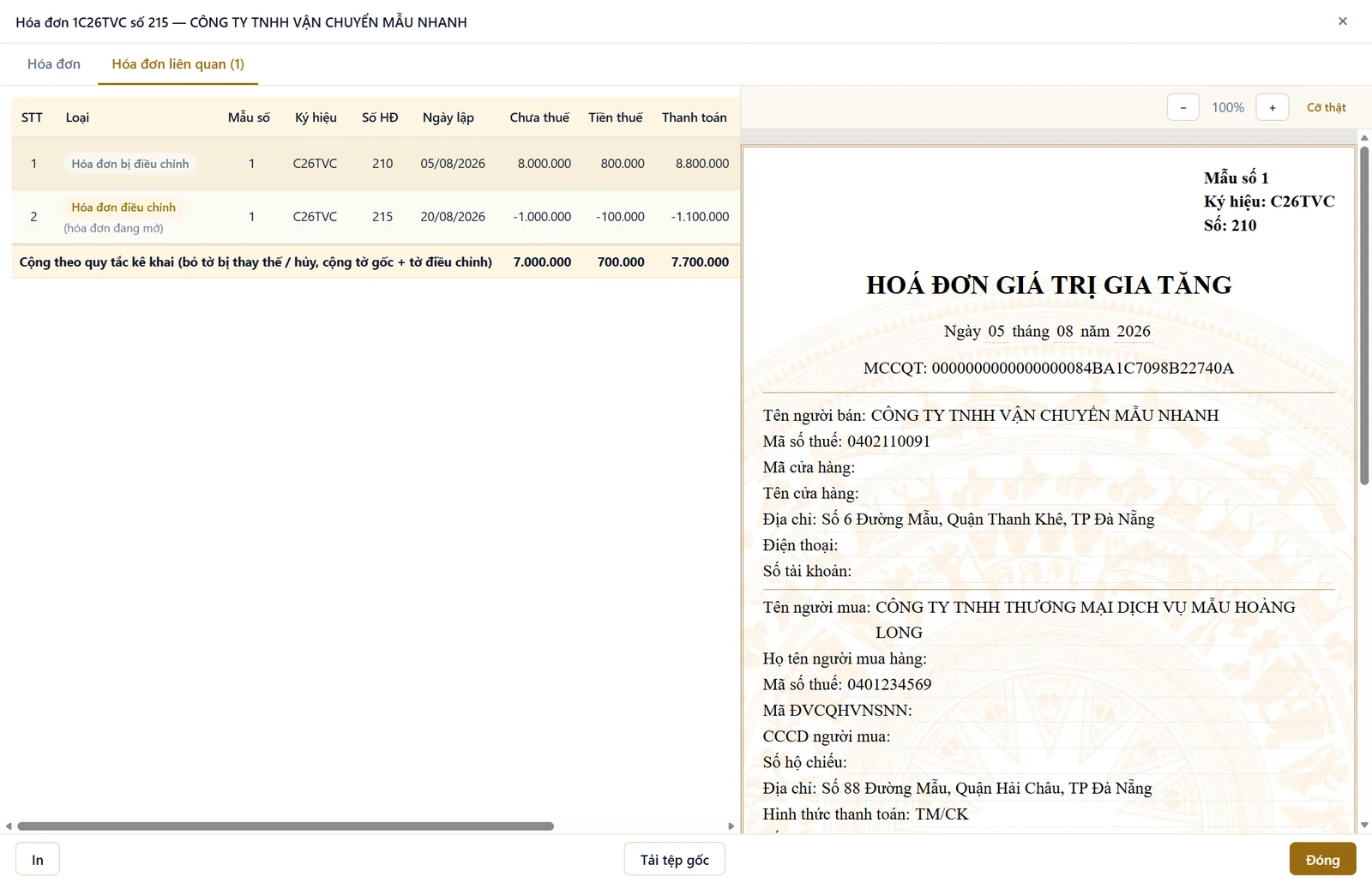 Hóa đơn điều chỉnh, thay thế